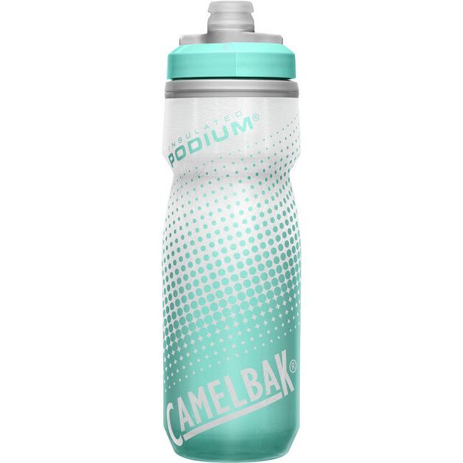 Insulated teal water bottle with screw-top lid and dotted grip sleeve