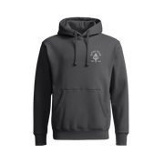 Dark gray pullover hoodie with kangaroo pocket, hood drawstrings, and Sitka Gear chest crest