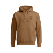 Tan pullover hoodie with kangaroo pocket, hood drawstrings, and Sitka Gear chest crest