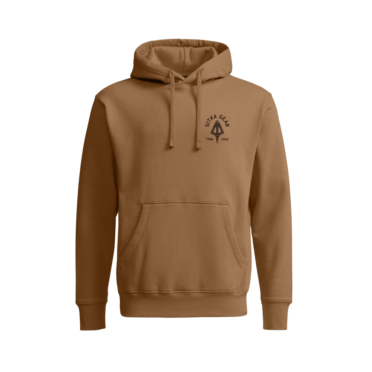 Brown pullover hoodie with hood, drawstring, and front pocket