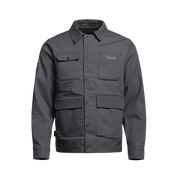 Dark gray chore coat with button front, flap pockets, and utility sleeve tabs