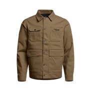 Coyote brown chore coat with button front and flap pockets