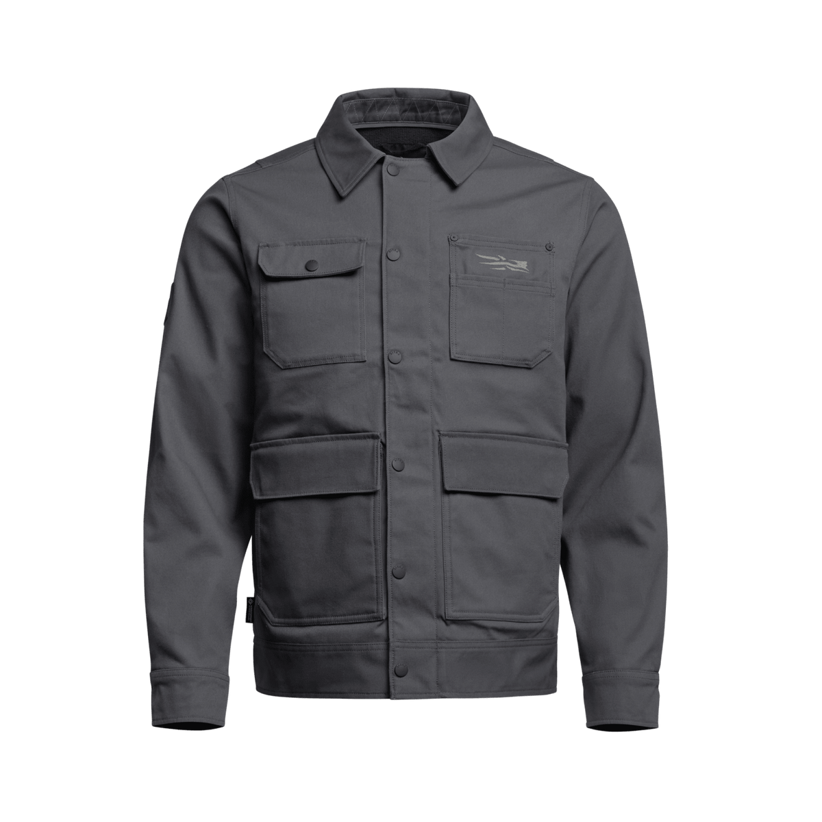 Iron grey chore coat jacket, front view with stand collar and flap utility pockets