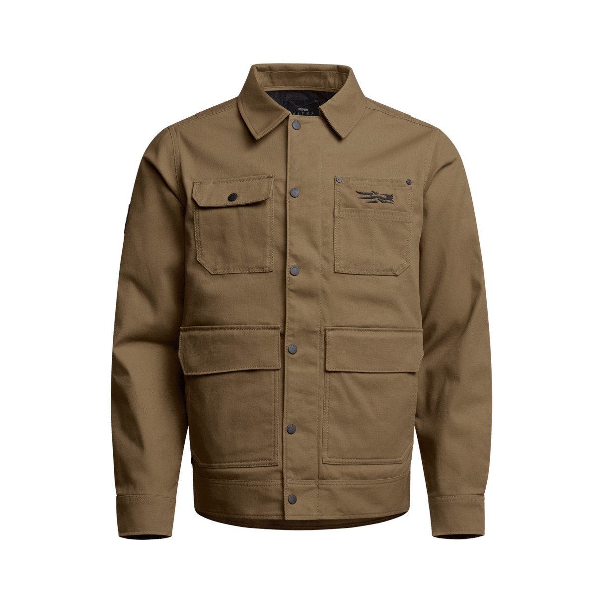 Coyote brown chore coat, front view with two-tone chest pocket layout and button placket.