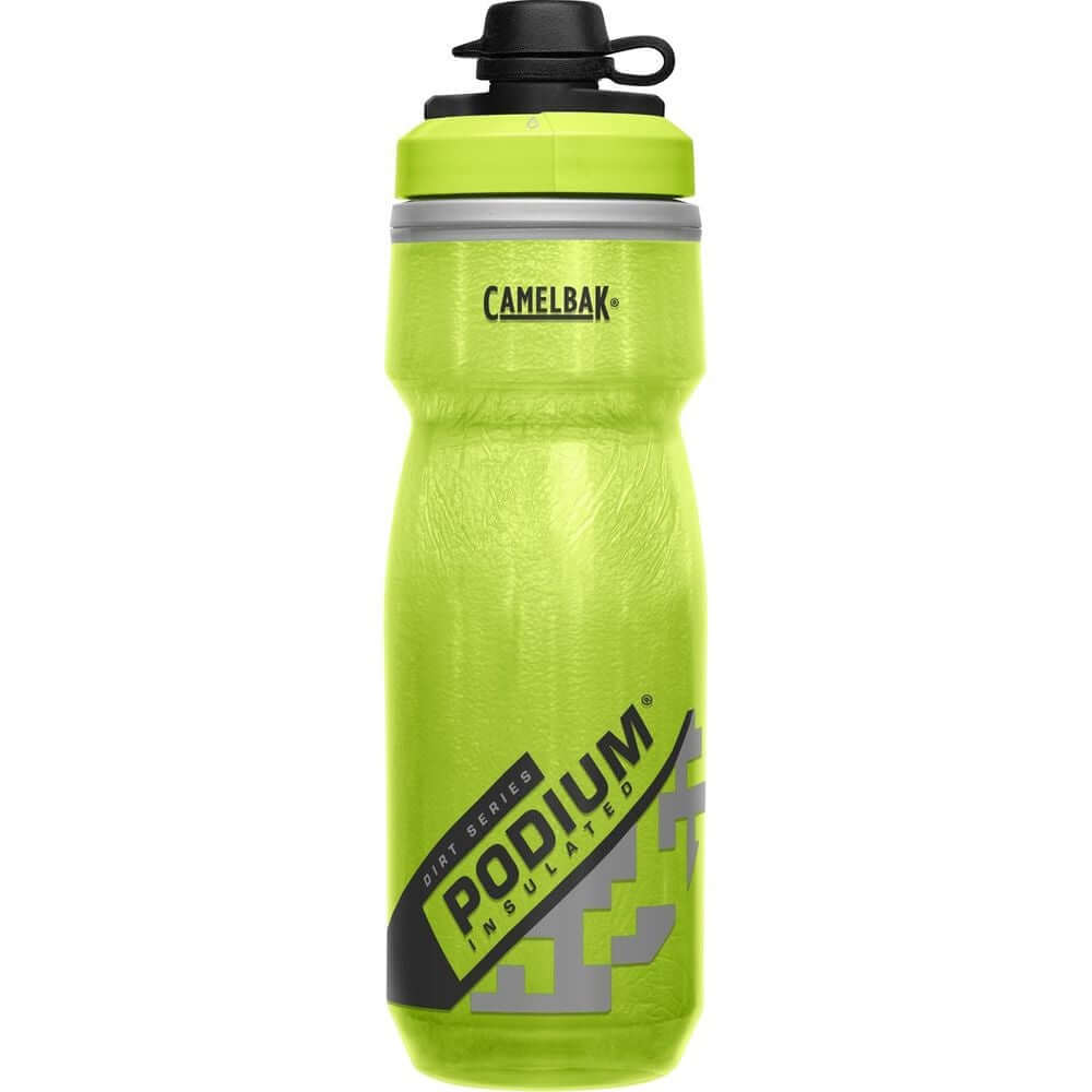 Lime bike water bottle with CamelBak Podium Dirt Series logo and black cap