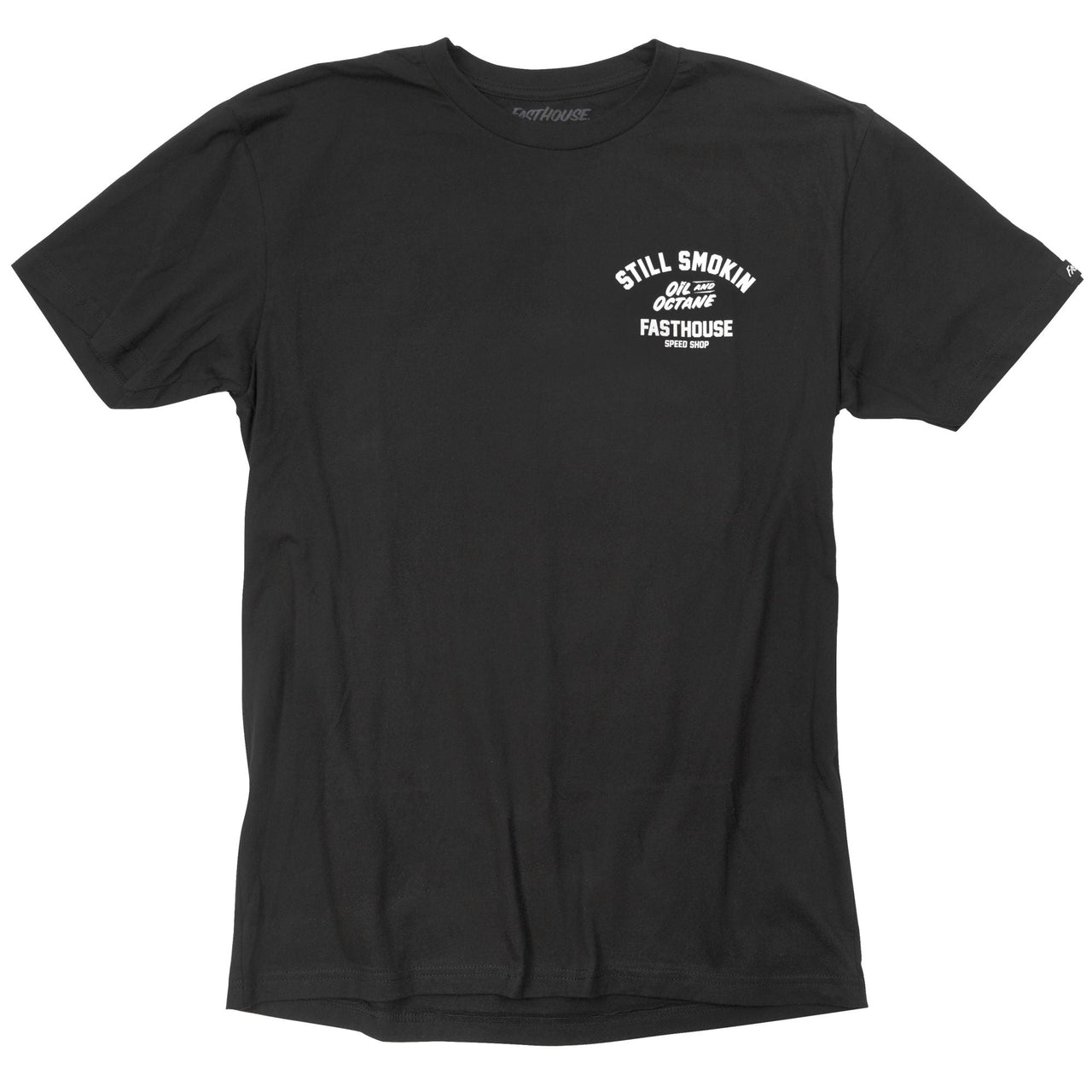 Black short-sleeve graphic T-shirt with Fasthouse Still Smokin chest print