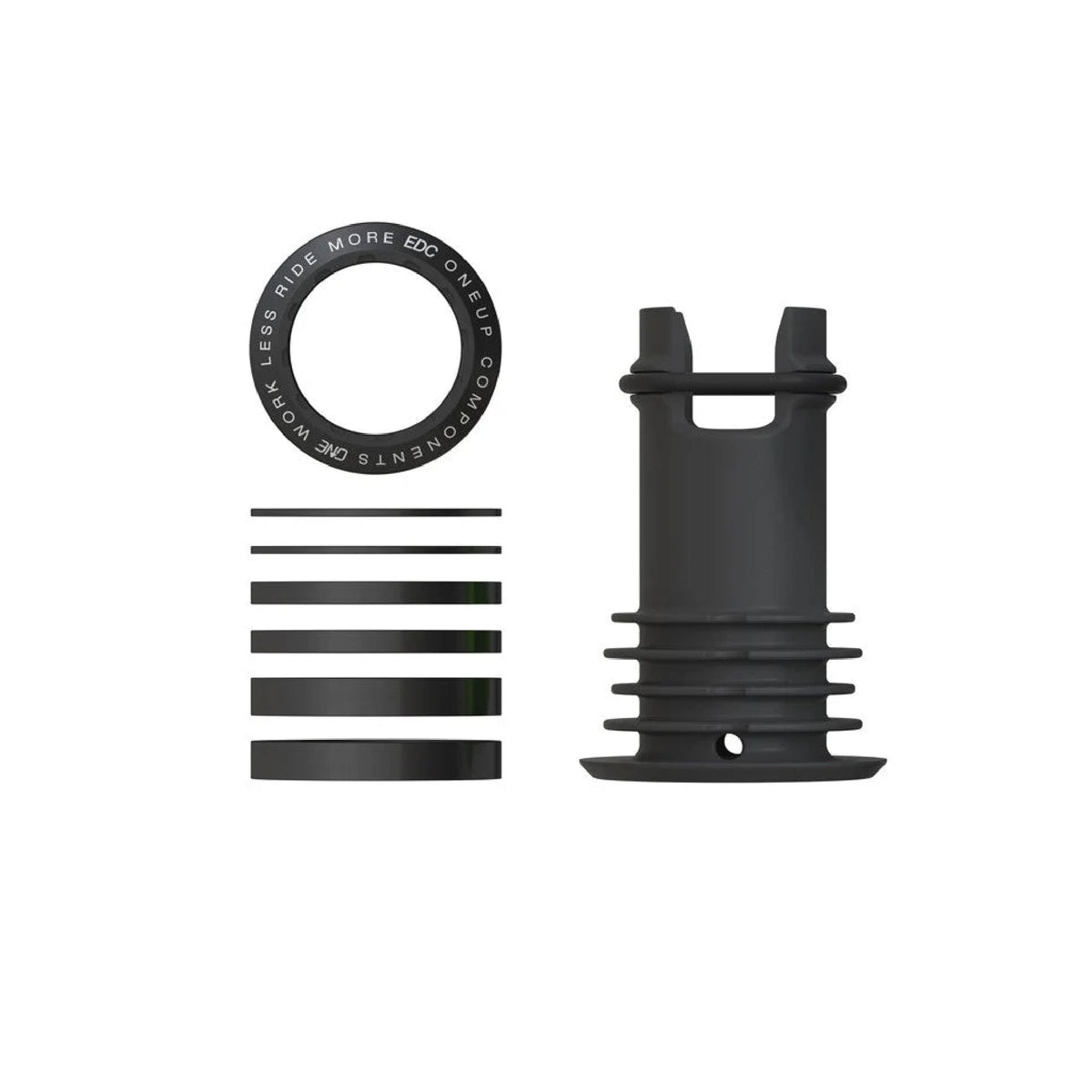 Black threaded top cap kit with base disc, mounting pins, and metal spring rings