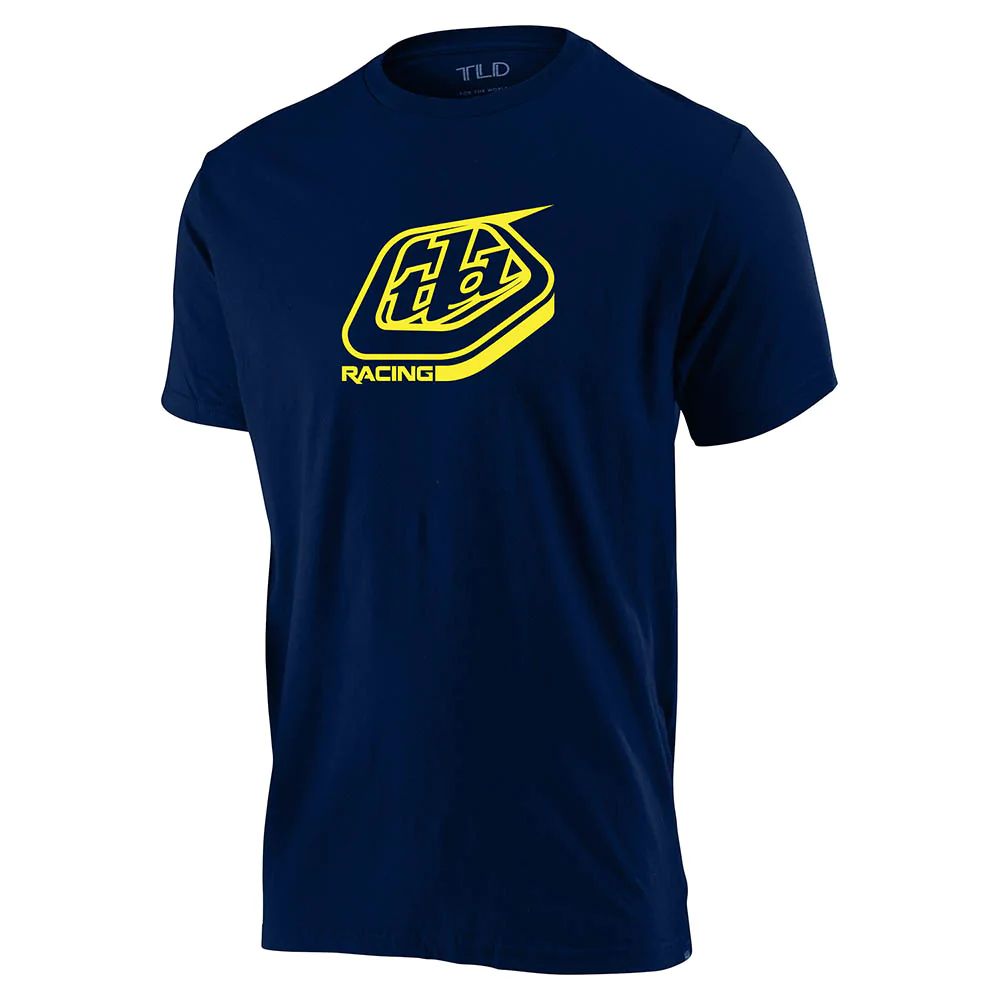 Navy short-sleeve racing tee with yellow TLD Racing shield logo