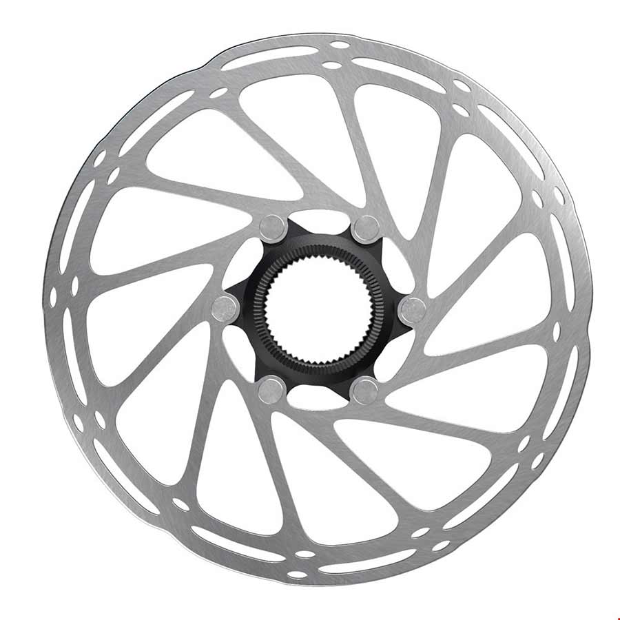 Silver bike disc brake rotor with rounded cutouts and black center lock ring