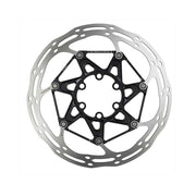 6-bolt disc brake rotor, silver with black center spider and drilled holes