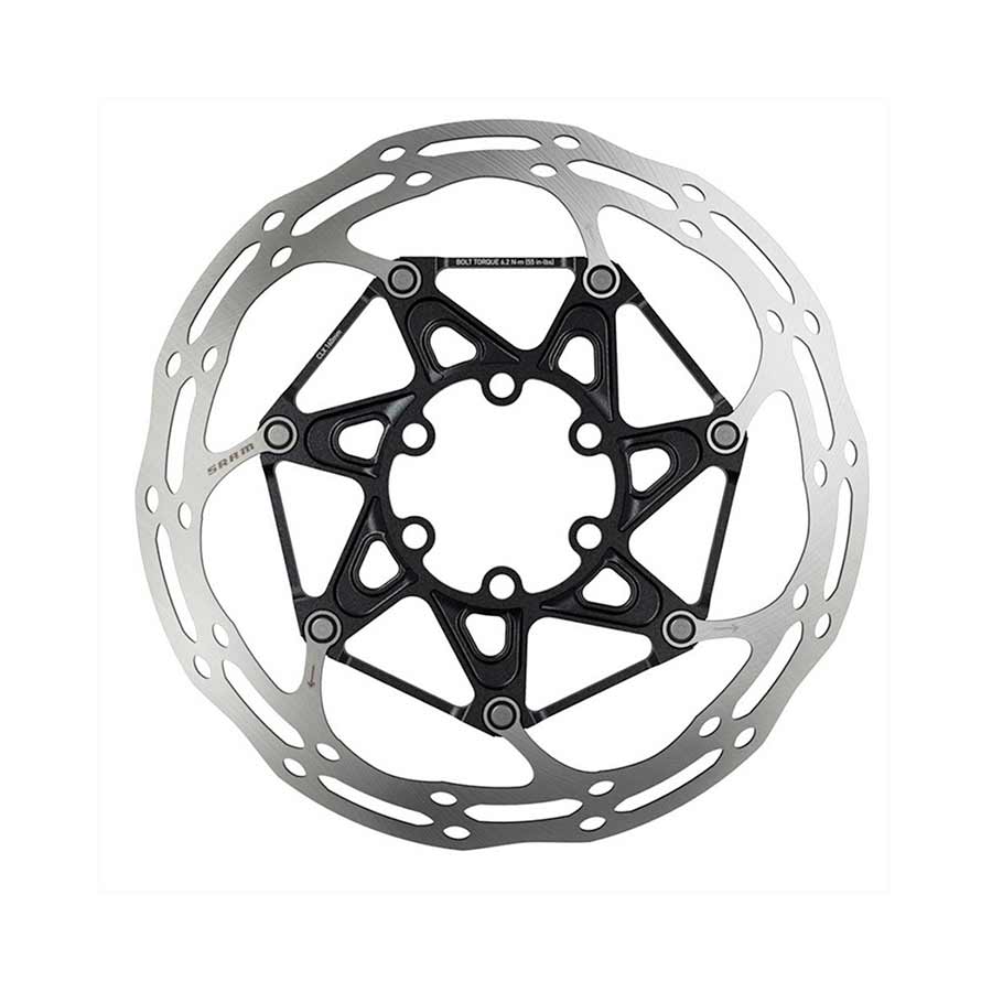 6-bolt disc brake rotor, silver with black center spider and drilled holes