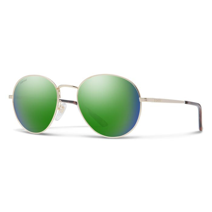 Gold round sunglasses with polarized green mirrored lenses