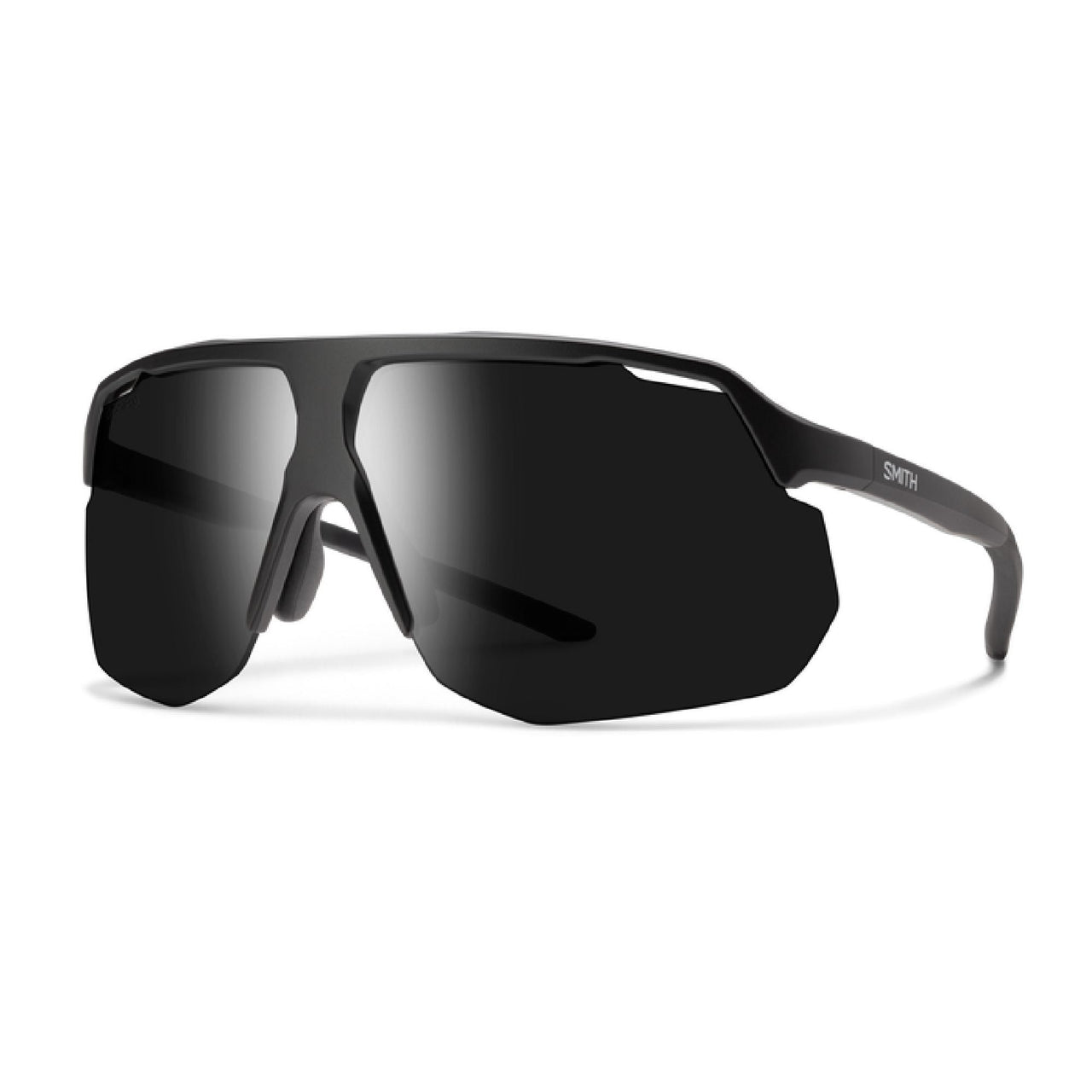 Smith Motive matte black sunglasses with dark mirrored lenses, logo on temple.