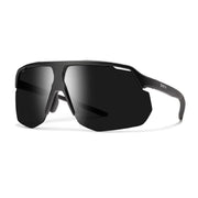 Smith Motive matte black sunglasses with dark mirrored lenses, logo on temple.