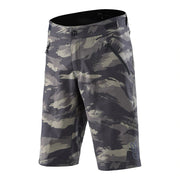 Brushed camo riding shorts with black waistband, zip fly, and side pockets