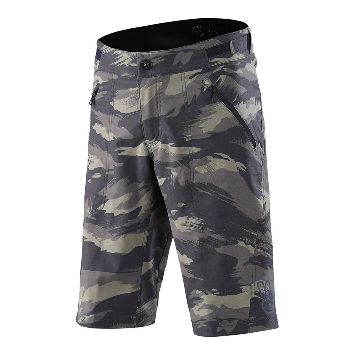 Brushed camo riding shorts with black waistband, zip fly, and side pockets
