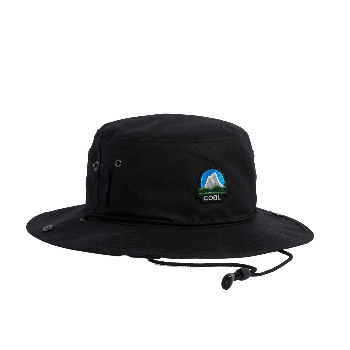 Coal Seymour black bucket hat with logo patch and chin strap