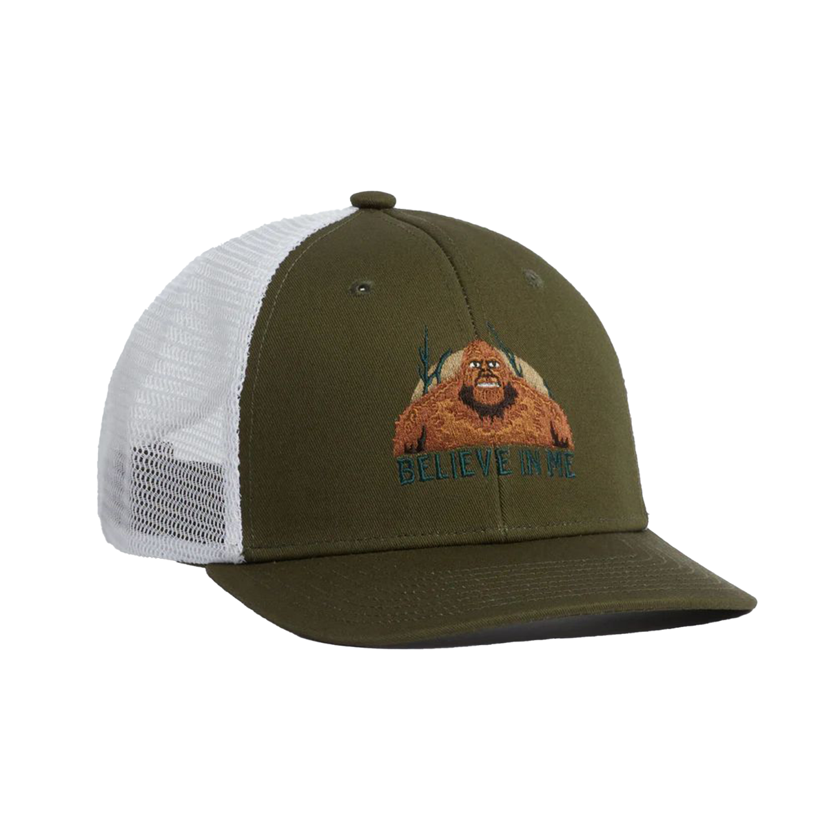 Olive and white trucker hat with front graphic