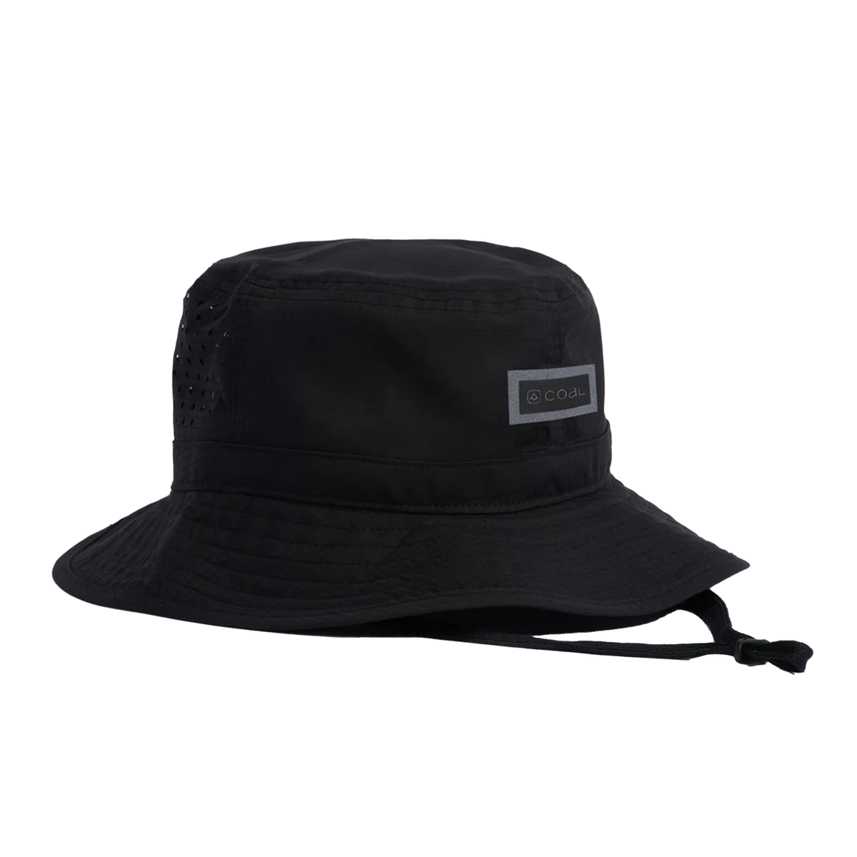 Black bucket hat with wide brim and adjustable chin strap