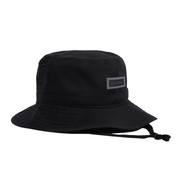 Black bucket hat with wide brim and adjustable chin strap