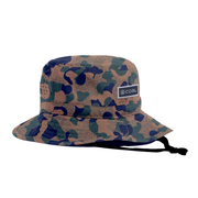 Camo navy bucket hat with wide brim and adjustable chin strap
