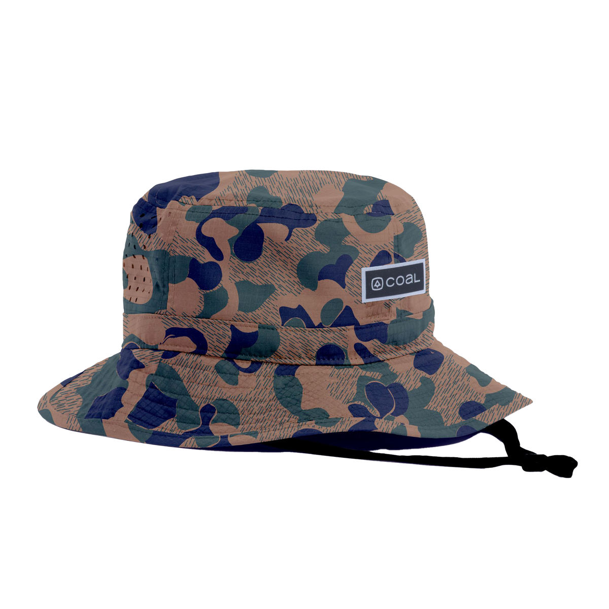 Camo navy bucket hat with wide brim and adjustable chin strap