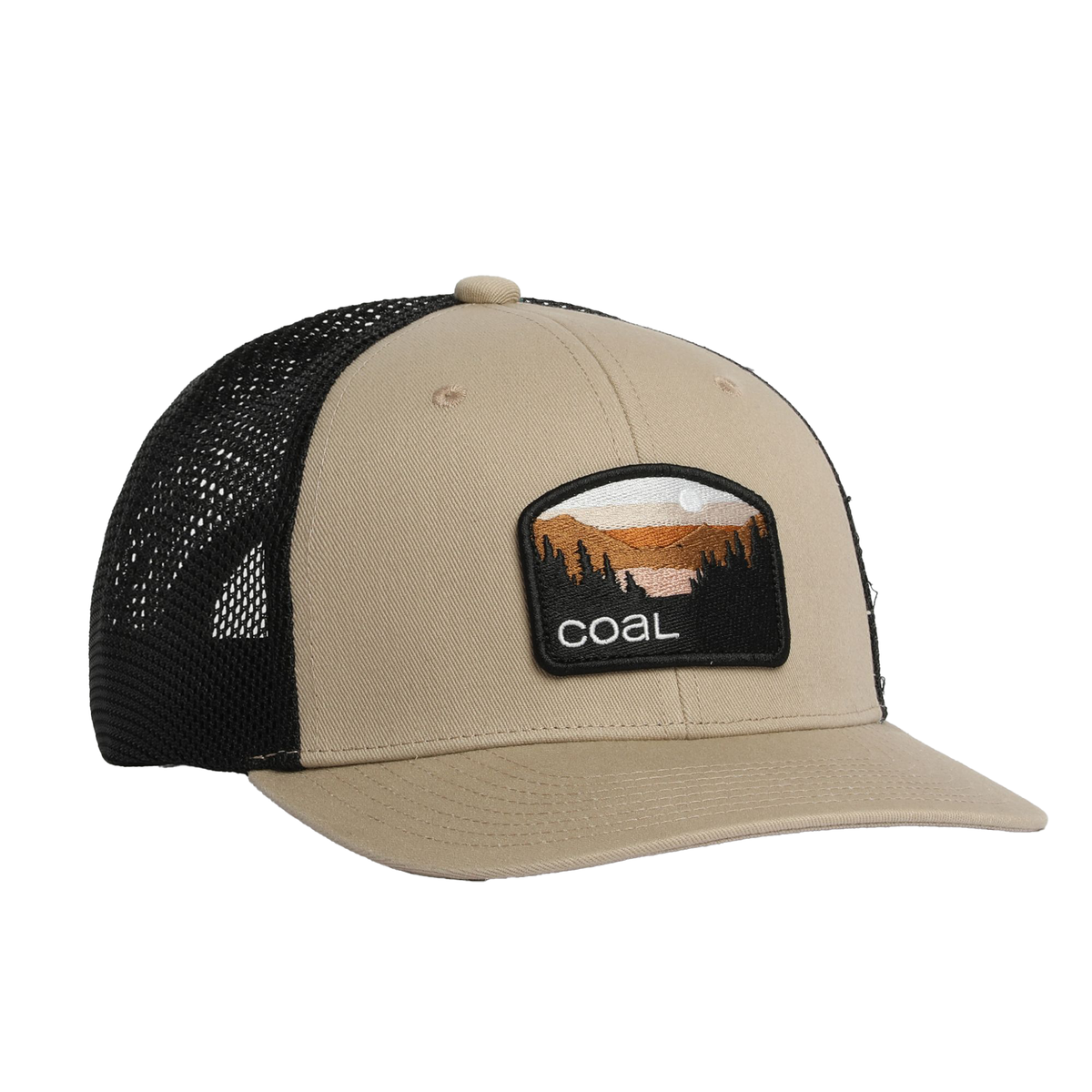Low profile baseball cap with tan front, black mesh back, and Coal patch logo