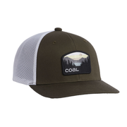Low profile baseball cap with olive front, white mesh back, and Coal patch logo
