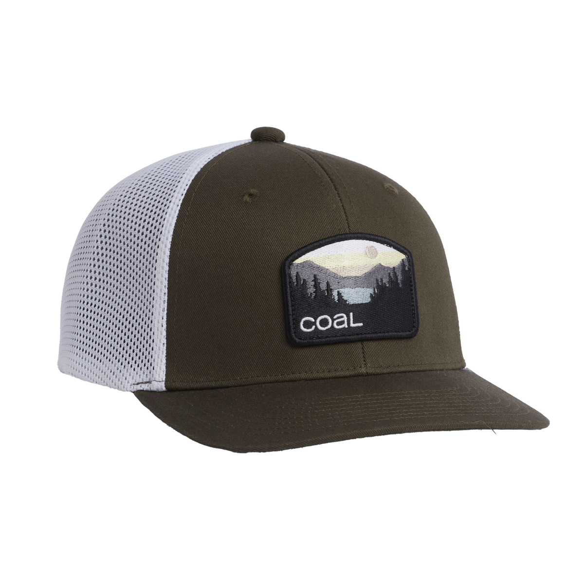 Low profile baseball cap with olive front, white mesh back, and Coal patch logo
