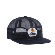 Black mesh trucker hat with flat brim and front logo patch