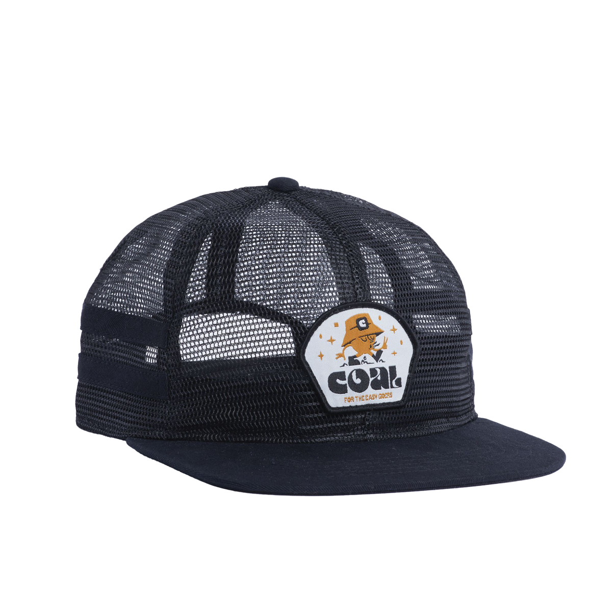 Black mesh trucker hat with flat brim and front logo patch