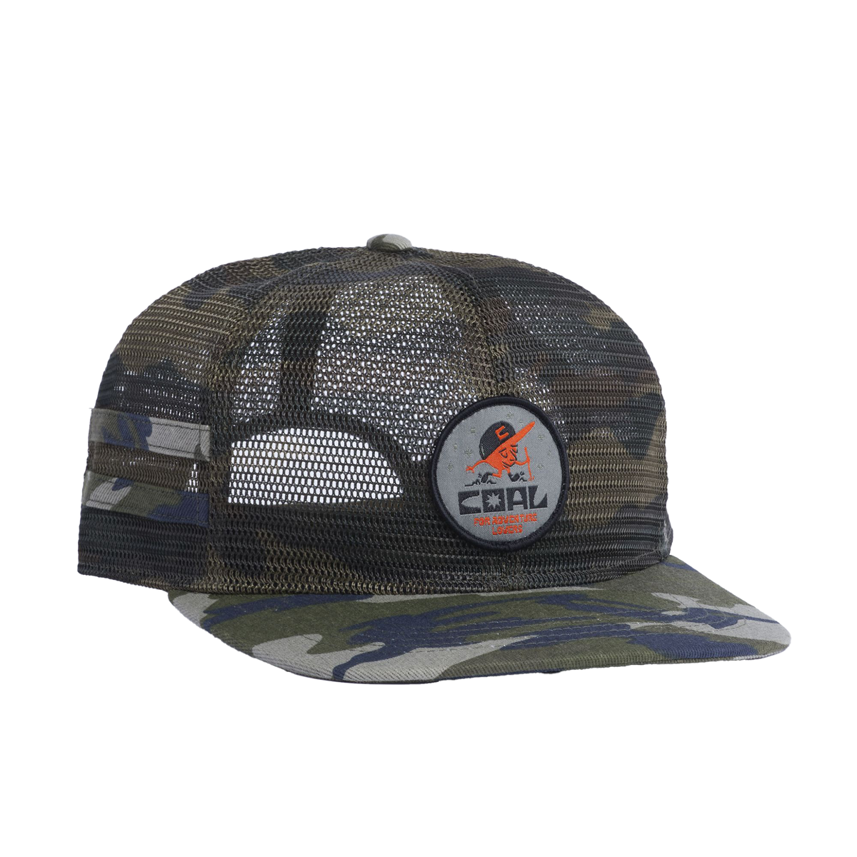 Navy camo mesh trucker hat with flat brim and front logo patch