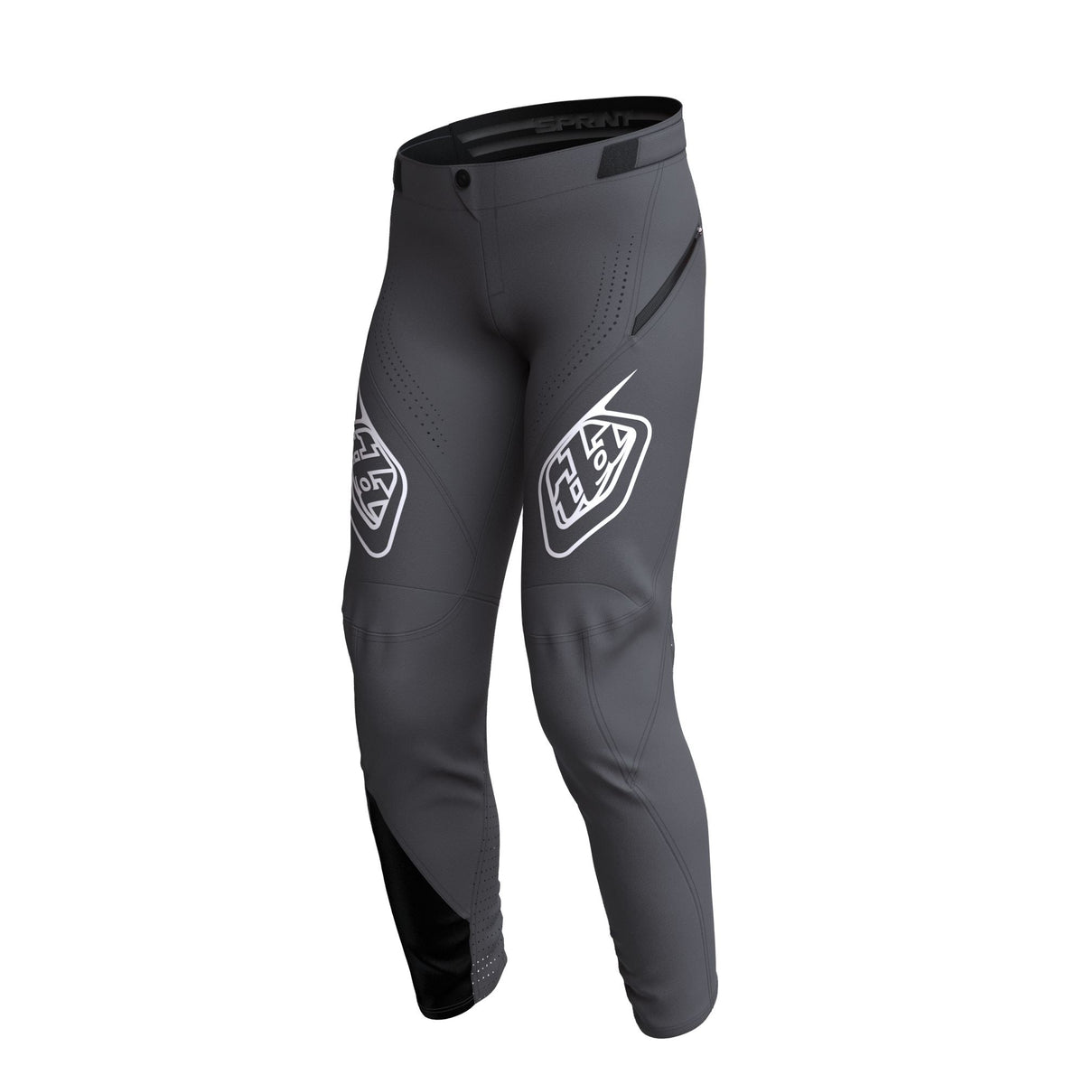 Youth sprint pants in charcoal gray with stitched paneling and printed logos