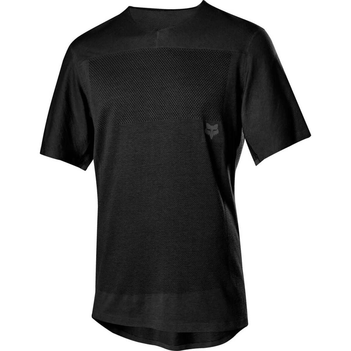 Black short-sleeve jersey with textured front panel and small chest logo