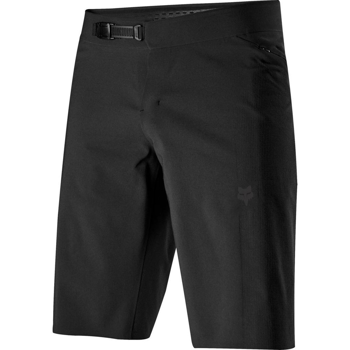 Fox Rawtec black shorts with waistband belt loops and zip fly, side logo patch