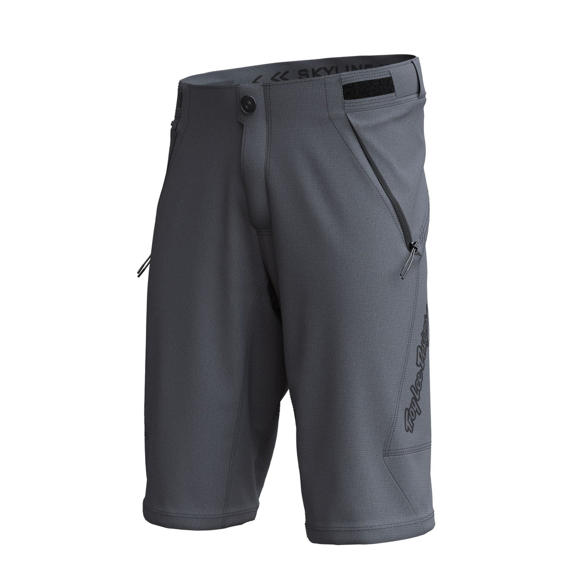 Youth charcoal shell shorts with snap waist and side zip pockets