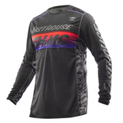 Black long-sleeve motorcycle jersey with red and purple graphic panels and logo