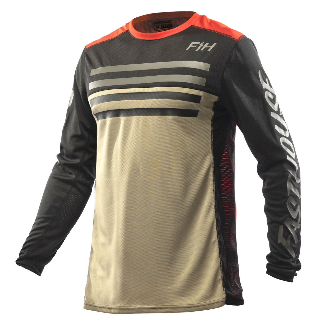 Long-sleeve cycling jersey, black with cream front panel and orange collar trim