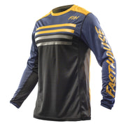 Long-sleeve cycling jersey, midnight navy with yellow collar and striped chest panels