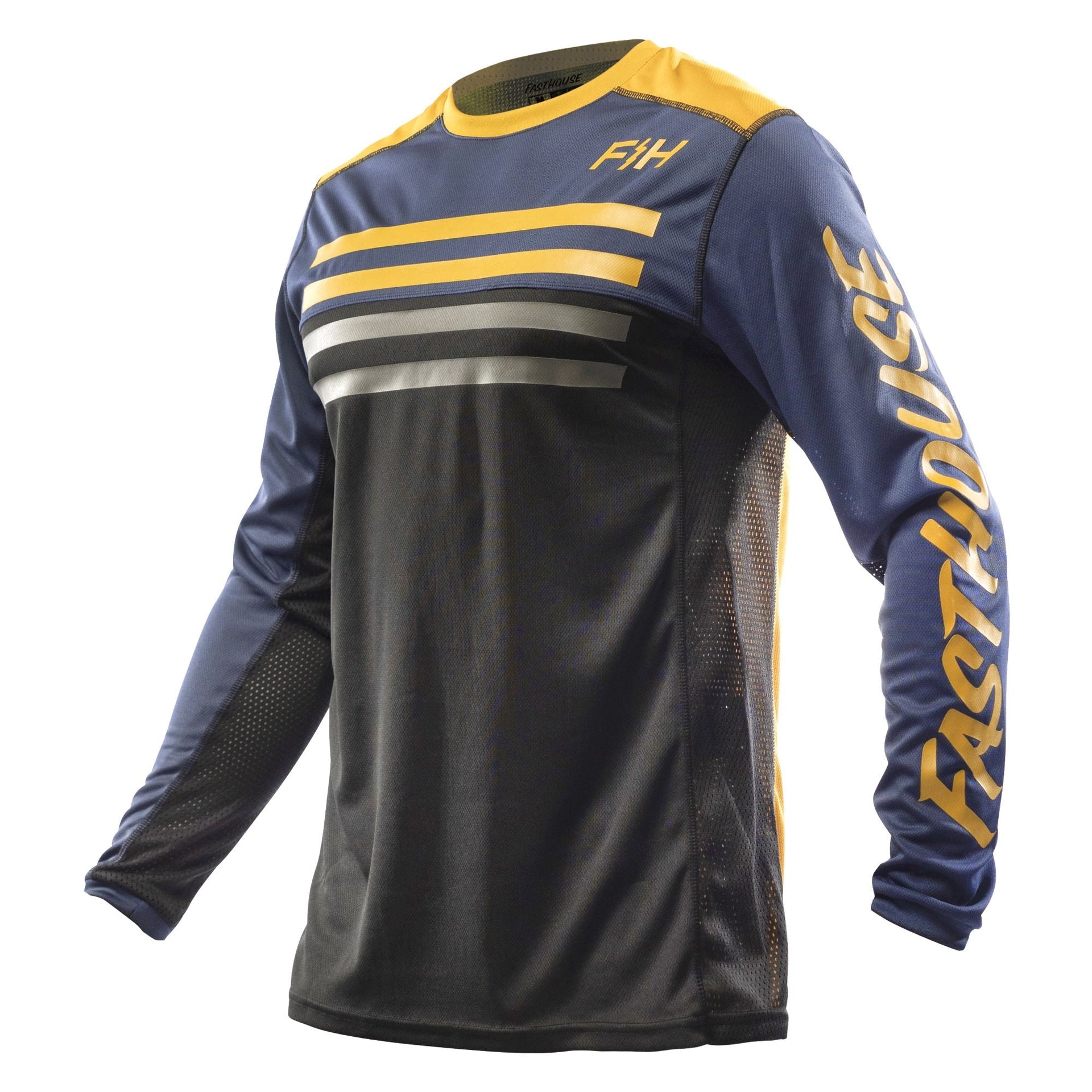 Long-sleeve cycling jersey, midnight navy with yellow collar and striped chest panels