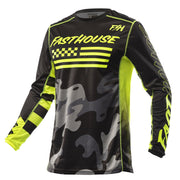 Fasthouse riot jersey in black with neon-green trim and camo front graphic