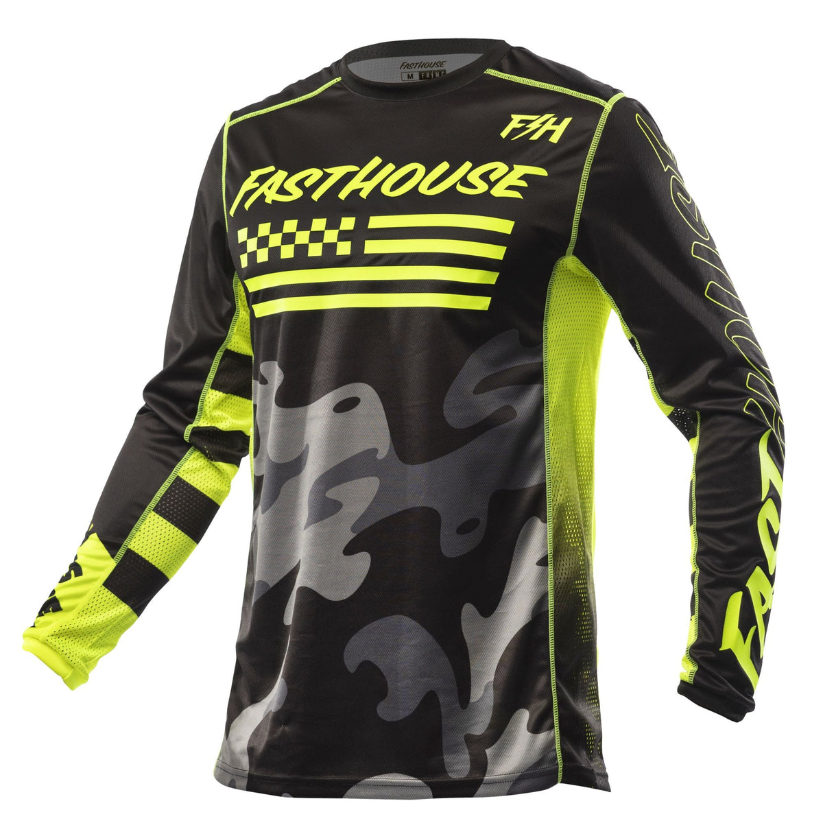 Fasthouse riot jersey in black with neon-green trim and camo front graphic