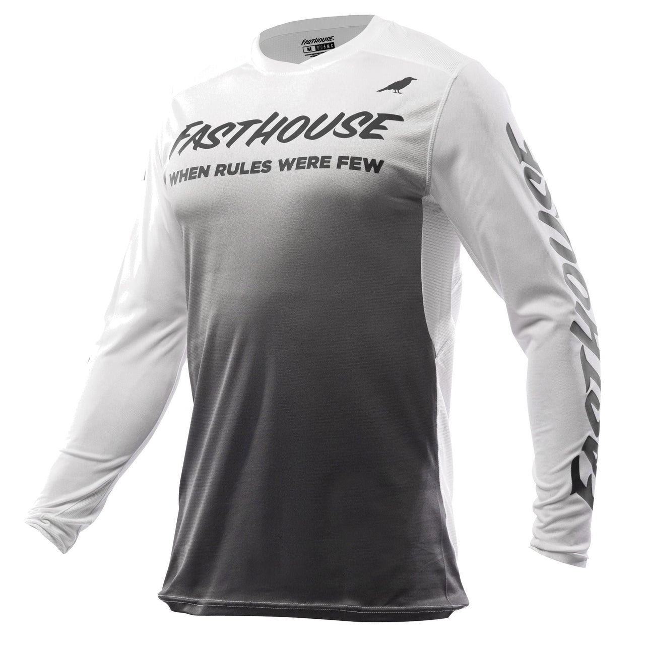 Long-sleeve off-road jersey: white sleeves, dark gray front panel with logo text