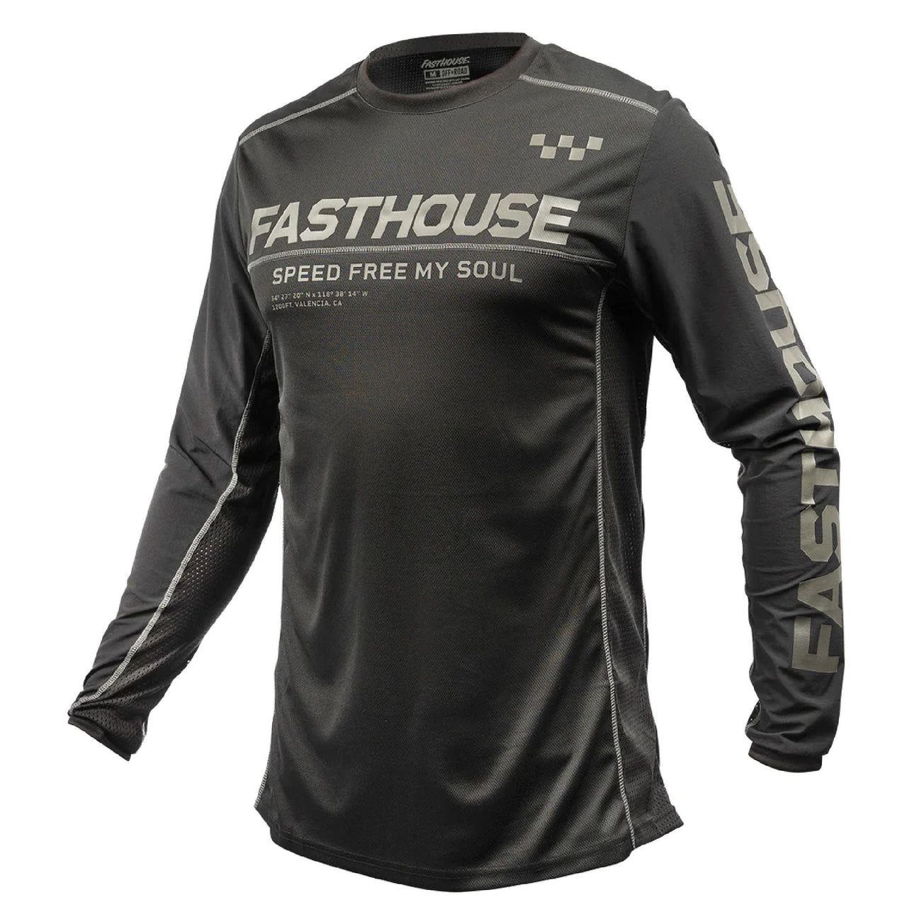 Black off-road long-sleeve jersey with FASTHOUSE logo and check graphic on chest