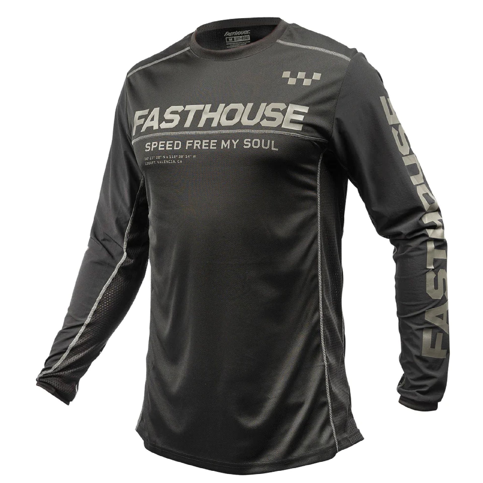 Black off-road long-sleeve jersey with FASTHOUSE logo and check graphic on chest