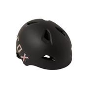 Black molded flight helmet with ventilation cutouts and adjustable chin straps
