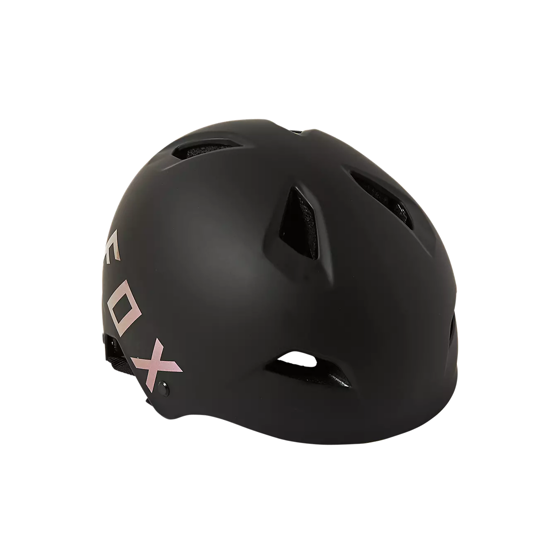 Black molded flight helmet with ventilation cutouts and adjustable chin straps