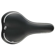 Black gel bike saddle with white trim and comfort contour