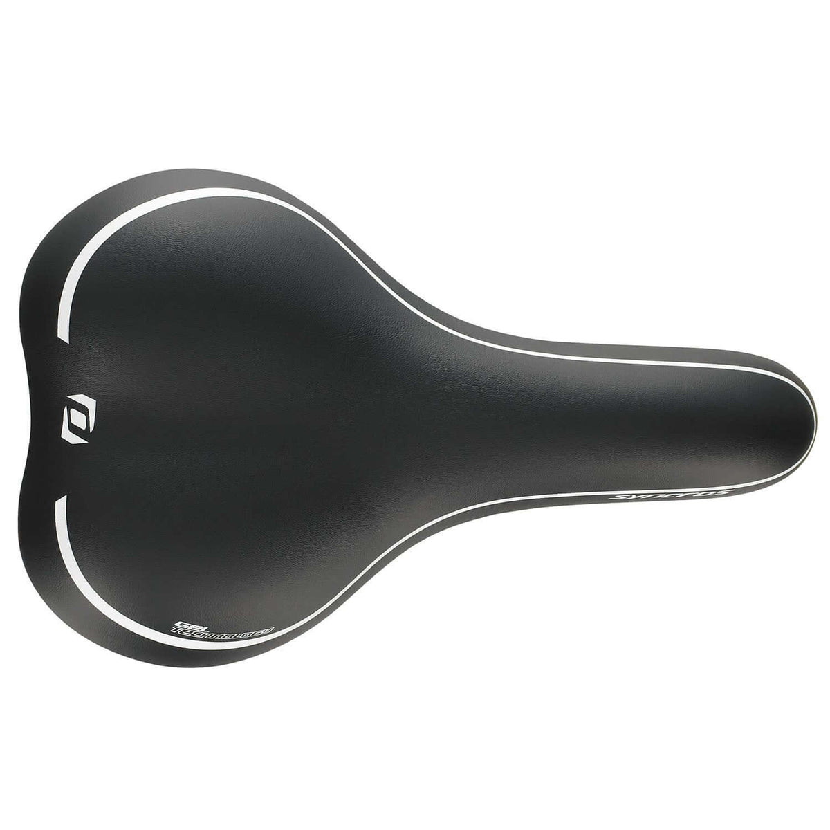 Black gel bike saddle with white trim and comfort contour