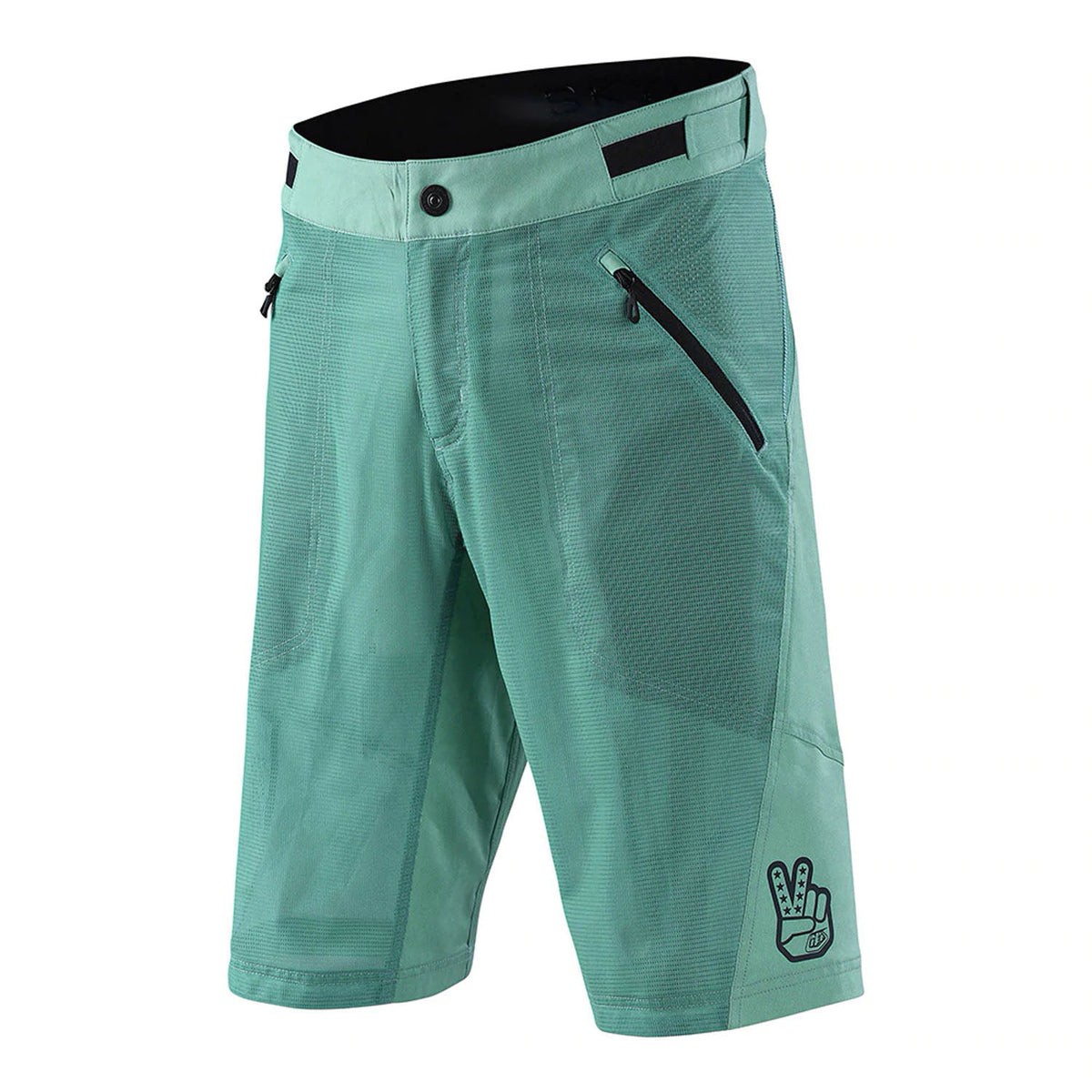 Solid glass green air shorts with zip pocket detail and logo patch